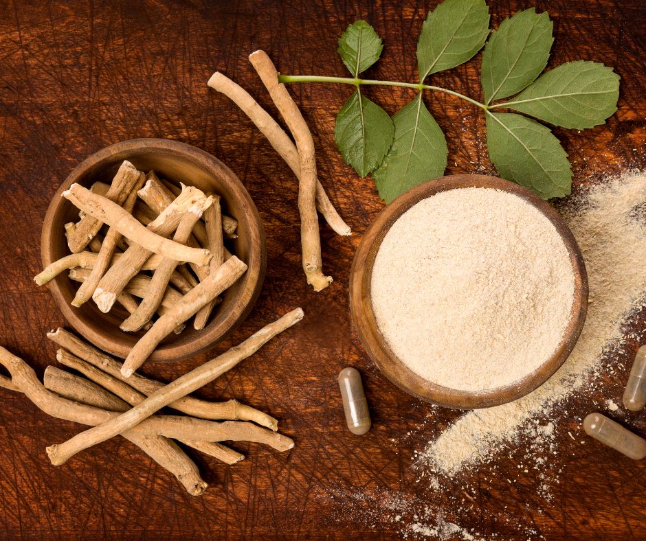 Ashwagandha roots and powder and capsule supplements