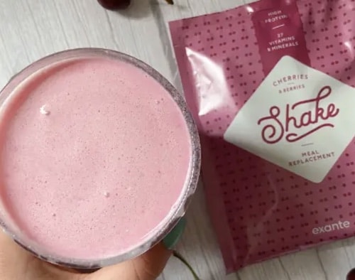 Exante cherry shake flavour sachet with glass of shake