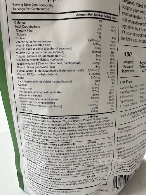 Longevity Supergreens ingredients list on packet